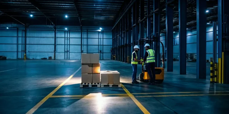 Warehouse workers in safety vests restacking fallen pallets that require cleanup.