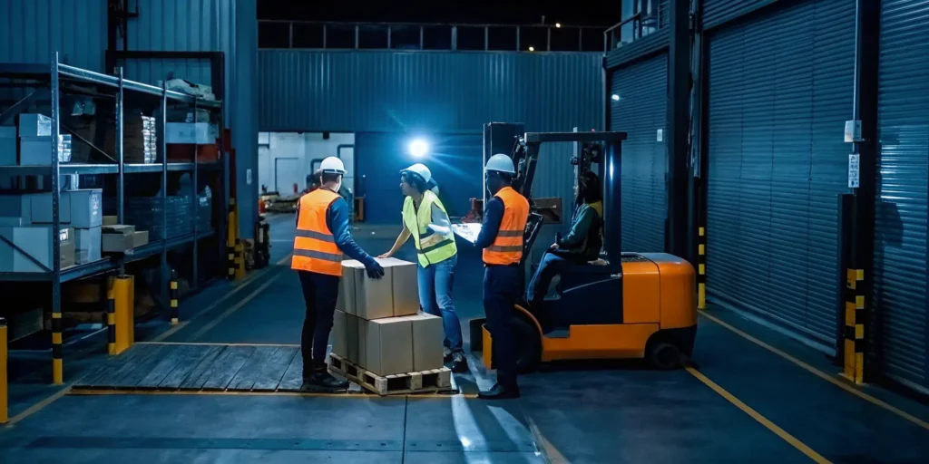 Logistics team evaluating freight salvage vs disposal options for damaged palletized cargo
