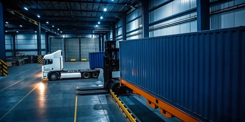 Freight transloading services with a truck and shipping container inside a warehouse.
