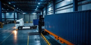 Freight transloading services with a truck and shipping container inside a warehouse.