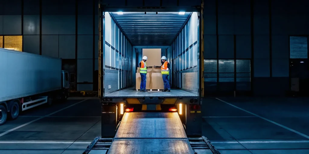A commercial semi-truck trailer being reworked at night at a cross-dock facility with professional workers restacking shifted pallets