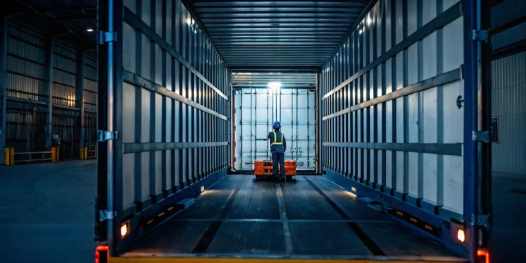 A worker uses a pallet jack to fix a shifted load in a trailer.