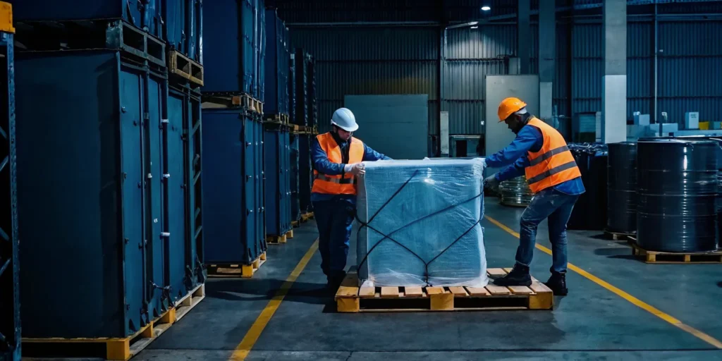Freight recovery crew repackaging damaged cargo on a pallet