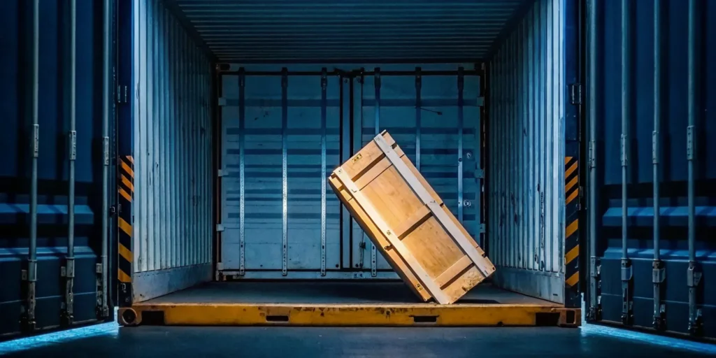 A shifted load of boxes on leaning pallets inside a trailer cargo container.