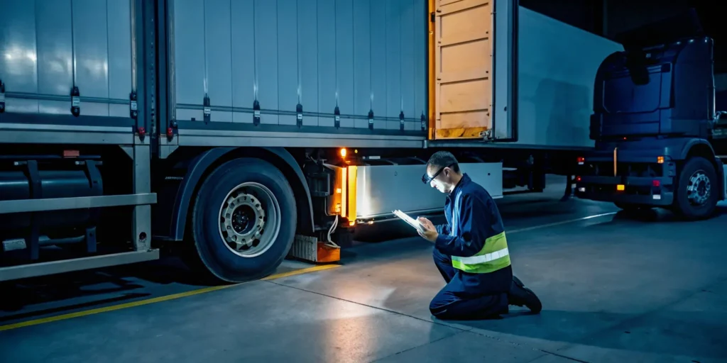 Technician providing mobile freight repair services for a semi-truck at night.