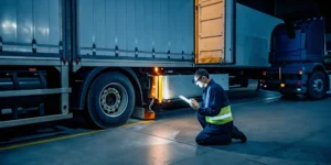 Technician providing mobile freight repair services for a semi-truck at night.