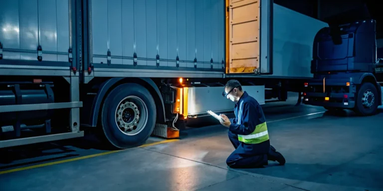 Technician providing mobile freight repair services for a semi-truck at night.