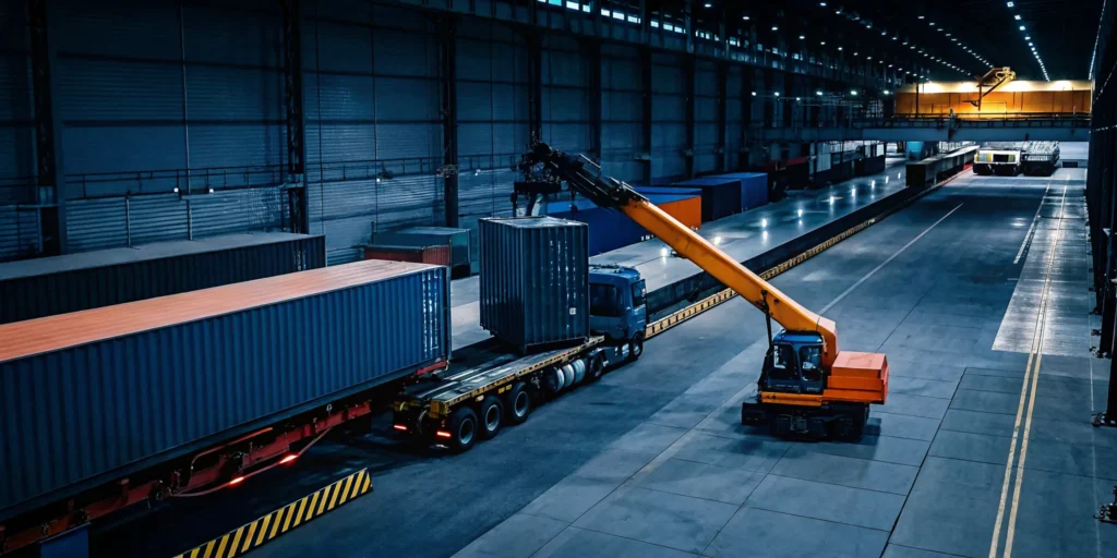 Rail to truck transloading crane in action