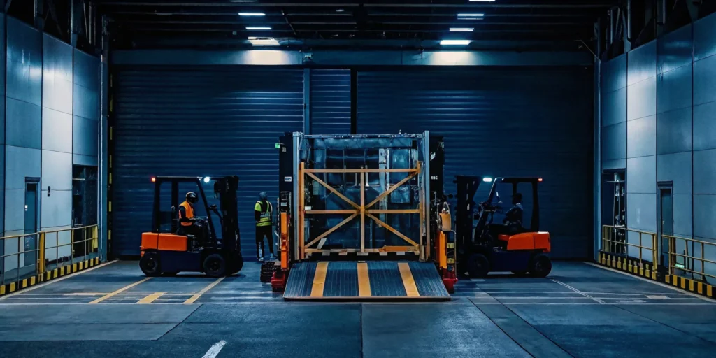 Freight team coordinating a complex industrial load transfer