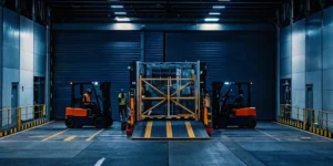 Freight team coordinating a complex industrial load transfer