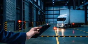 Managing urgent freight redelivery on a tablet at a warehouse loading dock.