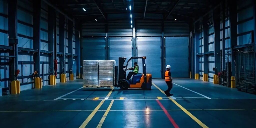 Forklift in a warehouse organizing freight for emergency temporary storage.