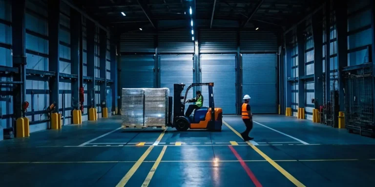 Forklift in a warehouse organizing freight for emergency temporary storage.