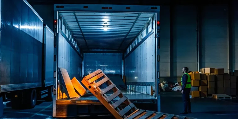 Freight trailer interior with a broken wooden pallet and shifted cargo being assessed by a logistics worker