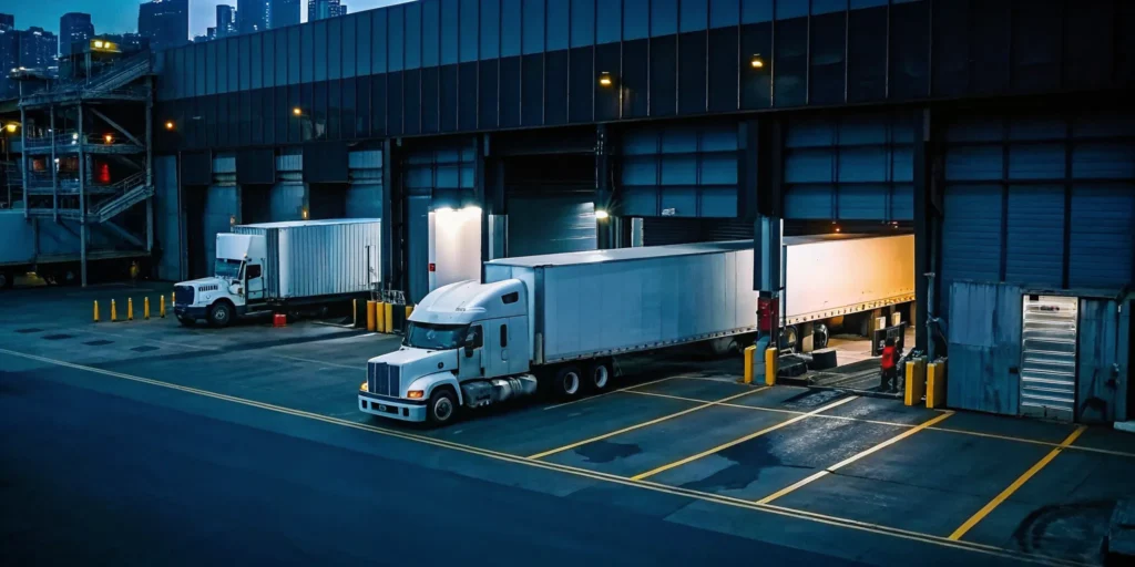 Freight trucks at a Chicago cross-dock facility for emergency freight transfers