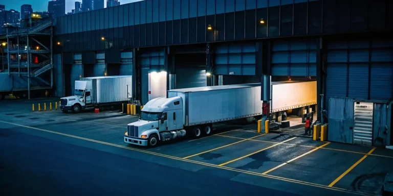 Freight trucks at a Chicago cross-dock facility for emergency freight transfers