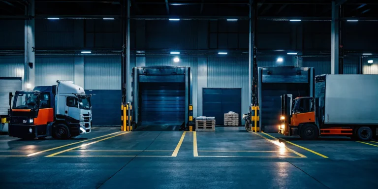 Cross-dock facility with trucks and forklifts moving freight between vehicles