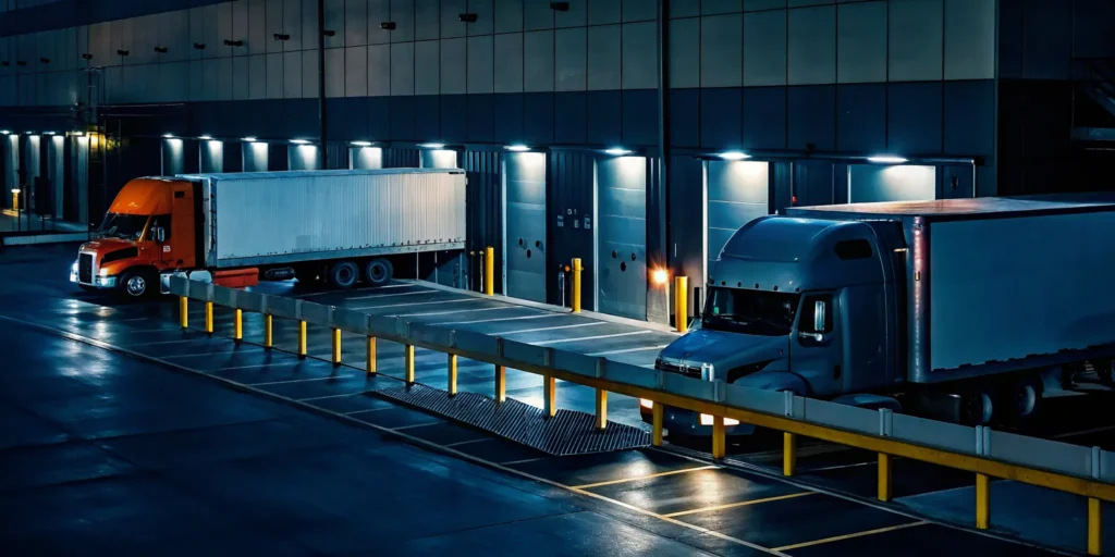 A modern commercial cross-docking warehouse in Dallas, Texas at night, with semi-trucks docked at illuminated loading bays