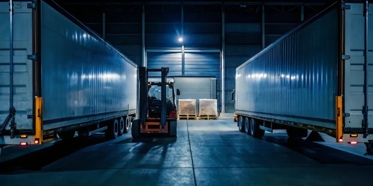 Nighttime freight dock with forklift transferring pallets between two semi-trailers for emergency cross-docking