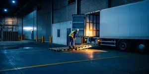 Warehouse worker restacking shifted pallets on a freight truck during emergency freight rework operation