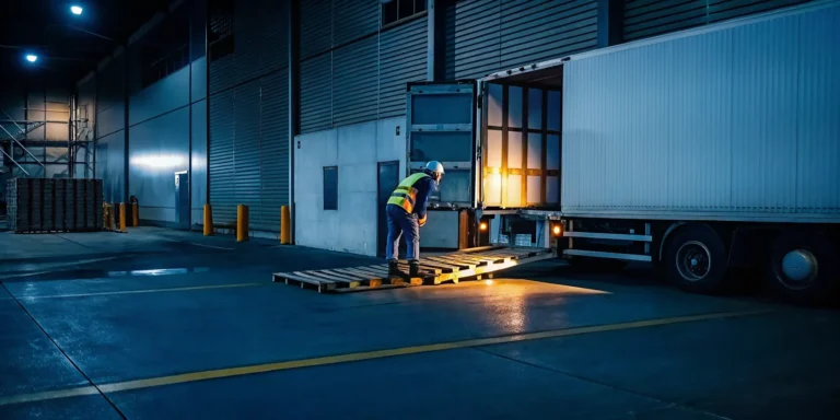 Warehouse worker restacking shifted pallets on a freight truck during emergency freight rework operation