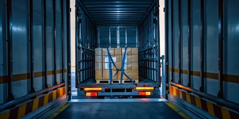 A secure truck cargo bay with palletized freight, heavy-duty load straps securing stacked boxes, professional logistics operation.
