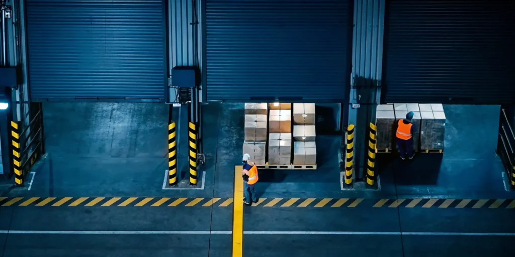 Warehouse worker restacking shifted pallets on a loading dock
