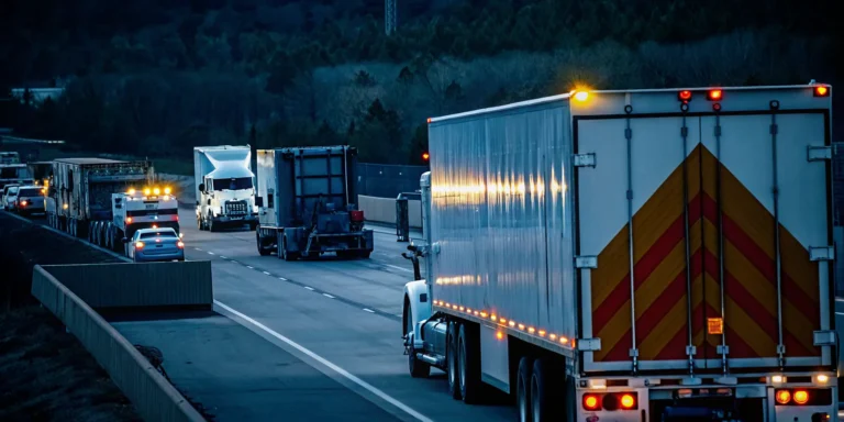 Hazmat truck with hazardous materials placards and emergency response vehicles on a highway