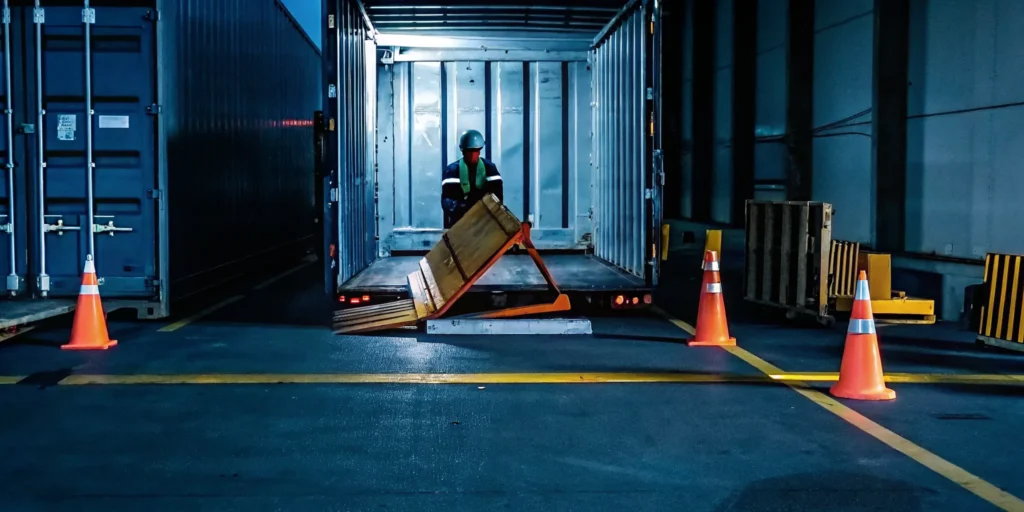 Truck driver assessing fallen pallets in a semi-trailer with orange safety cones and spilled freight