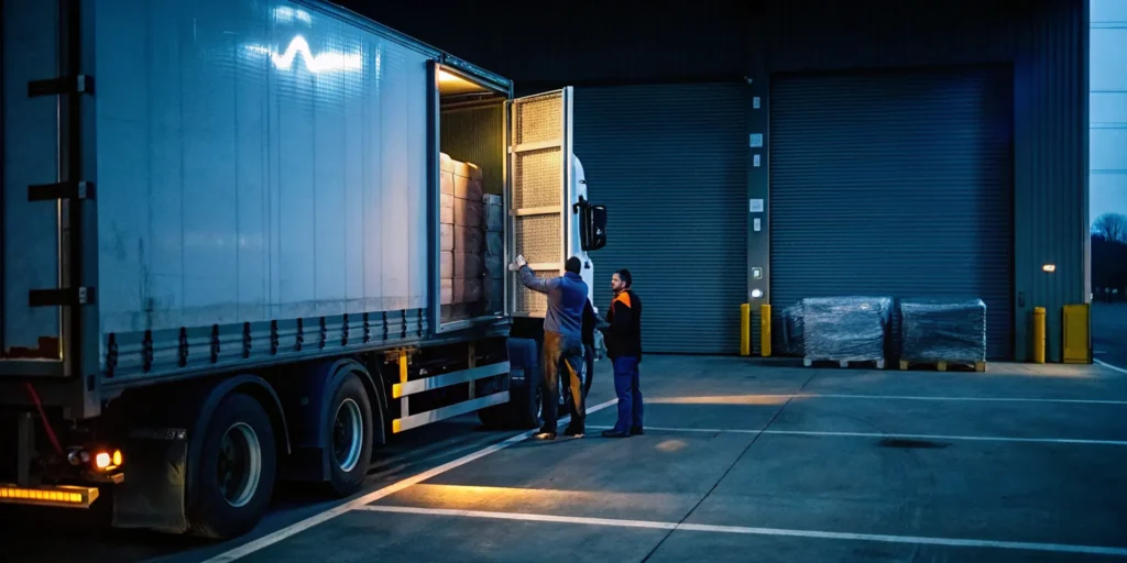 Semi-truck trailer at a logistics warehouse dock with workers examining pallets during a rejected load recovery operation
