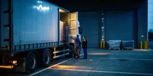 Semi-truck trailer at a logistics warehouse dock with workers examining pallets during a rejected load recovery operation