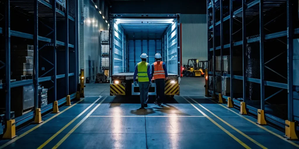 Professional logistics warehouse service agents restacking cargo in a truck trailer