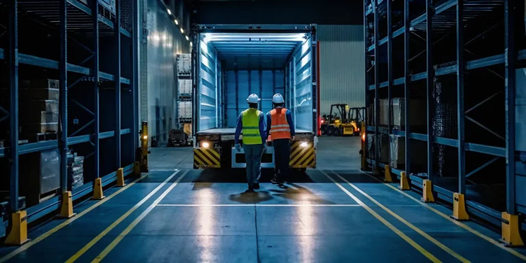 Professional logistics warehouse service agents restacking cargo in a truck trailer