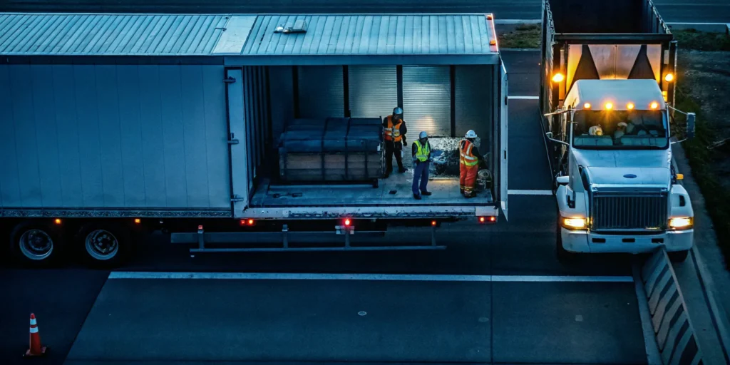 Logistics workers in safety gear preparing to restack fallen pallets from a semi-trailer with shifted cargo on a highway shoulder