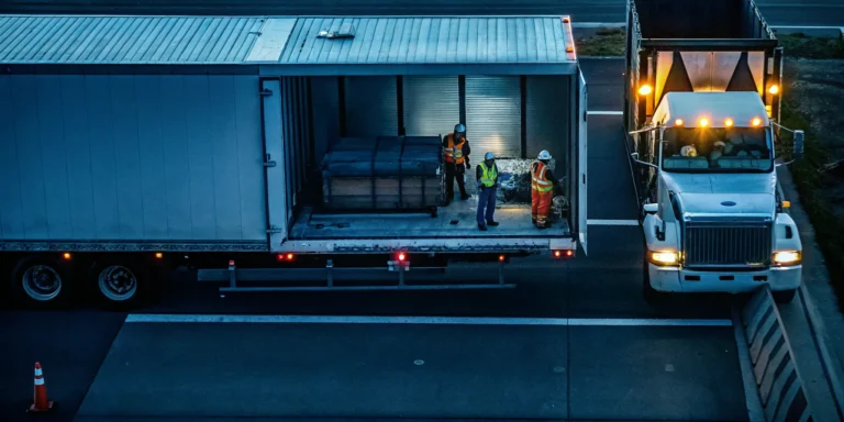 Logistics workers in safety gear preparing to restack fallen pallets from a semi-trailer with shifted cargo on a highway shoulder