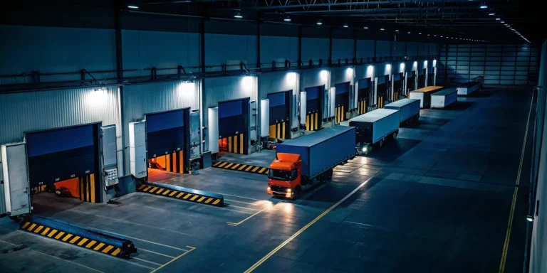 Aerial view of a large warehouse facility with semi trucks at loading docks for emergency freight storage