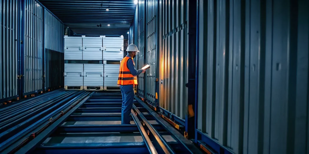 Freight inspector examining stacked cargo pallets in a warehouse