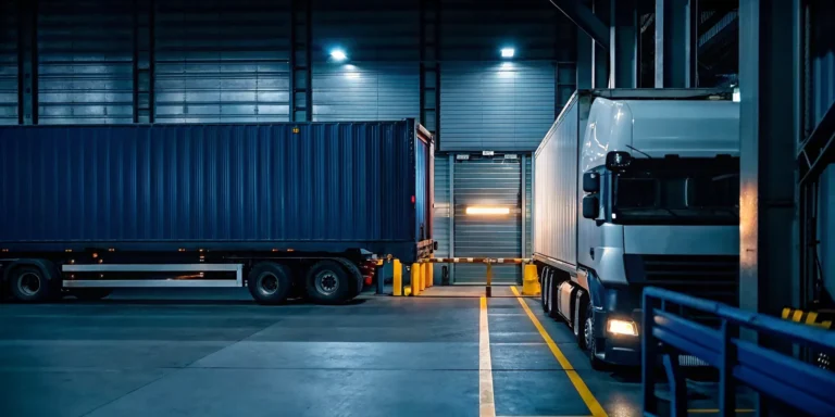 Industrial transloading facility with cargo being transferred between railcar and semi-truck, professional logistics photography
