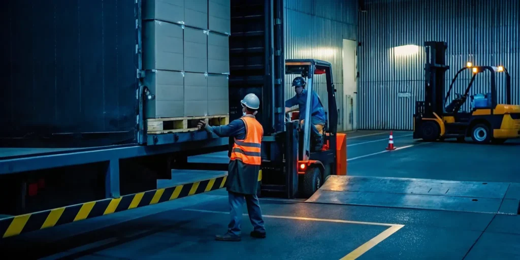 Warehouse worker restacking shifted pallets on a freight truck during emergency freight rework operation