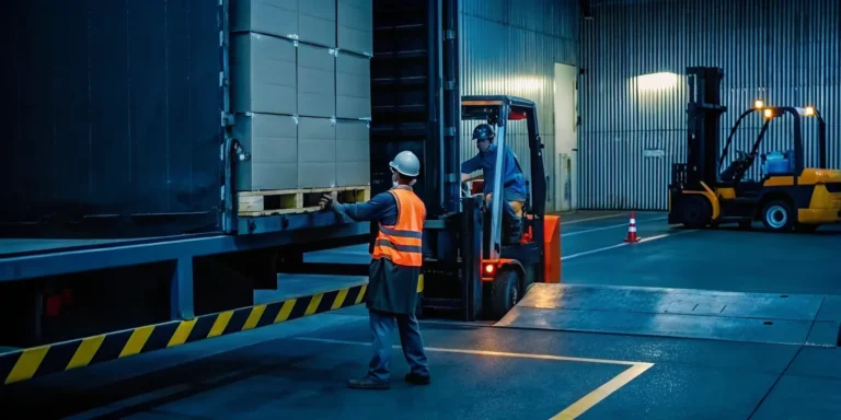 Warehouse worker restacking shifted pallets on a freight truck during emergency freight rework operation