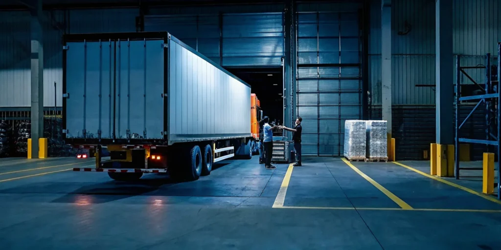 Freight pallets being inspected at a loading dock after delivery rejection