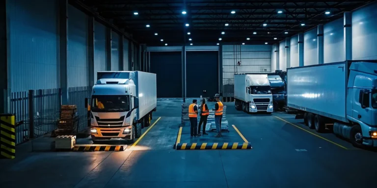 Workers in safety vests restacking pallets at a well-lit cross-dock facility at night, with a freight truck nearby