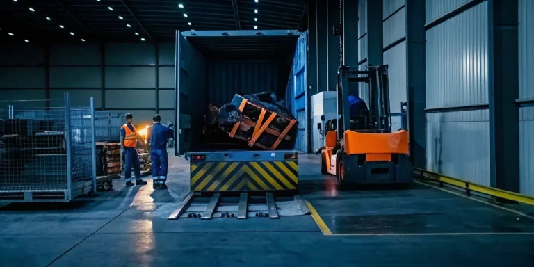 Warehouse with damaged freight pallets awaiting professional disposal, logistics team coordinating cargo elimination