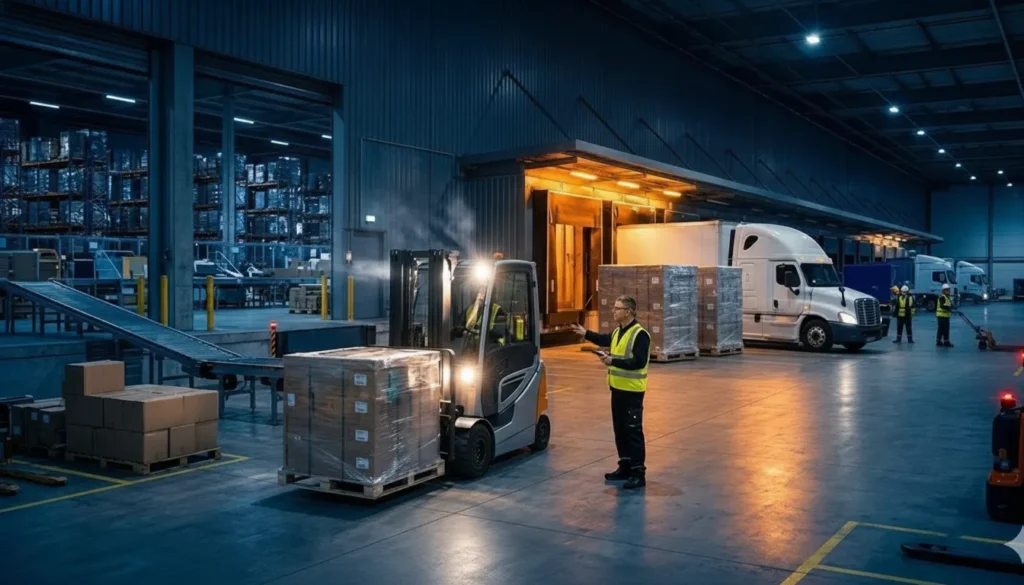 Workers coordinating a nighttime cross-dock freight transfer
