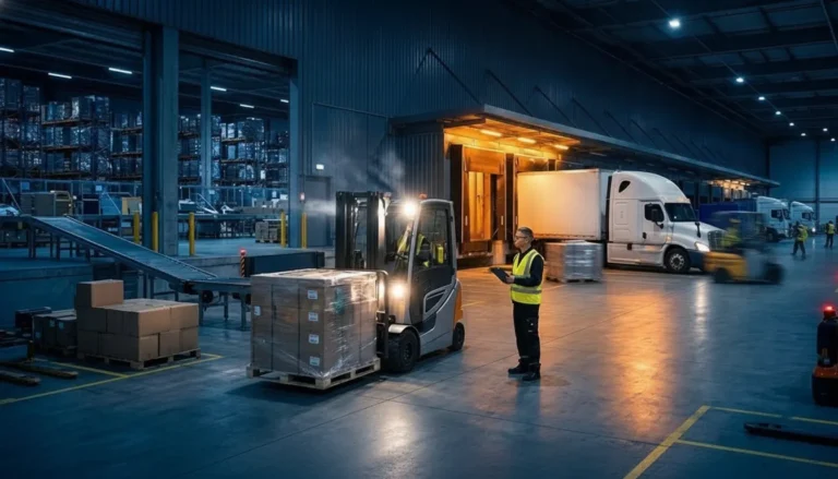 Warehouse crew restacking pallets overnight for emergency freight rework