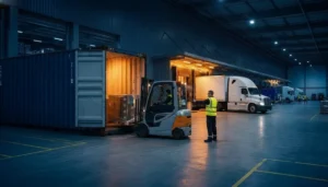 Workers transferring palletized cargo from an ocean container to a truck trailer