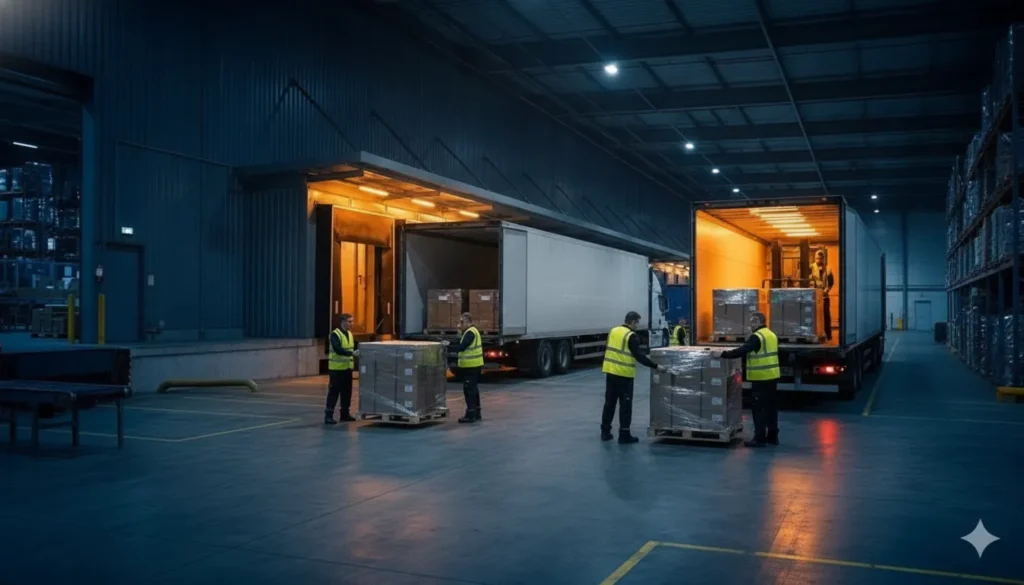 Workers stabilizing palletized freight during a cross dock fix
