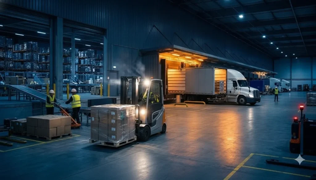 Workers coordinating palletized freight between inbound and outbound trucks at a cross-dock facility