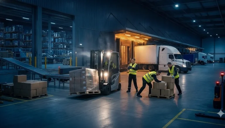 Warehouse workers restacking fallen pallets of freight in a loading dock