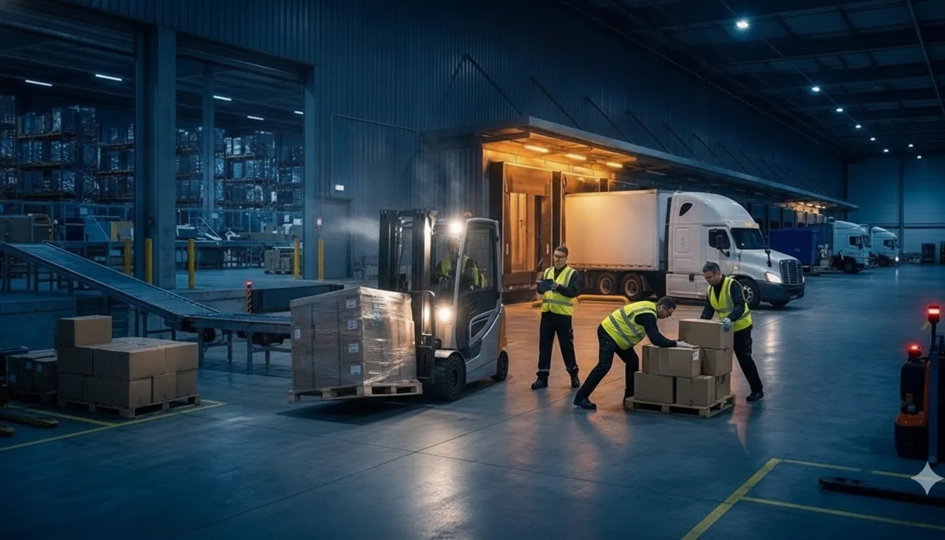 Warehouse workers restacking fallen pallets of freight in a loading dock